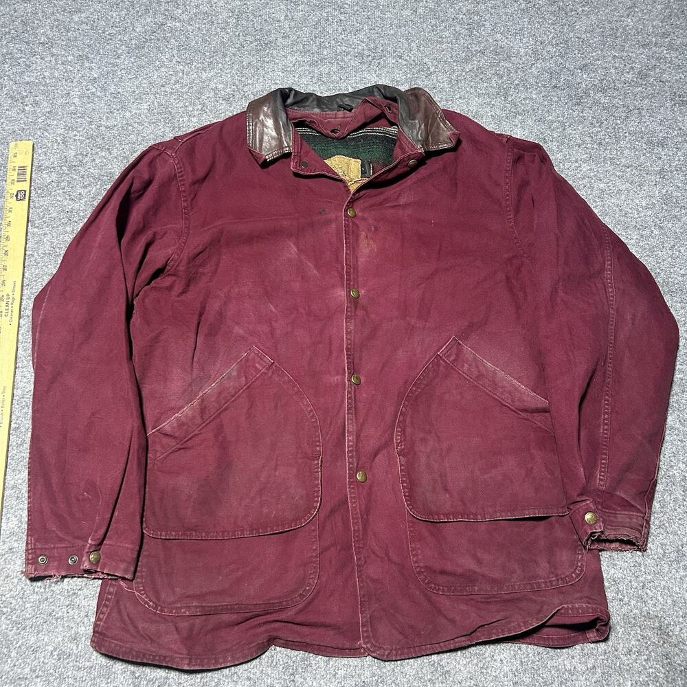 Vintage Woolrich Chore Barn Coat Mens L Burgundy Red Leather Collar Wool Lined
